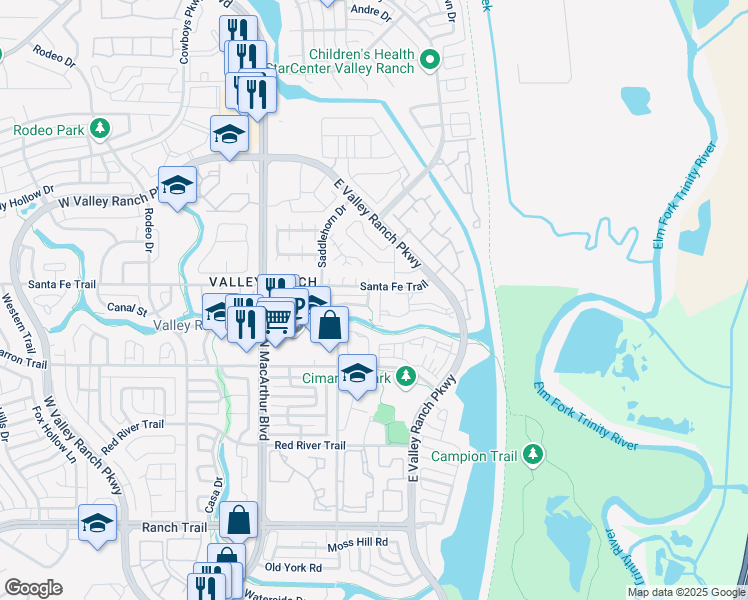 map of restaurants, bars, coffee shops, grocery stores, and more near 302 Santa Fe Trail in Irving
