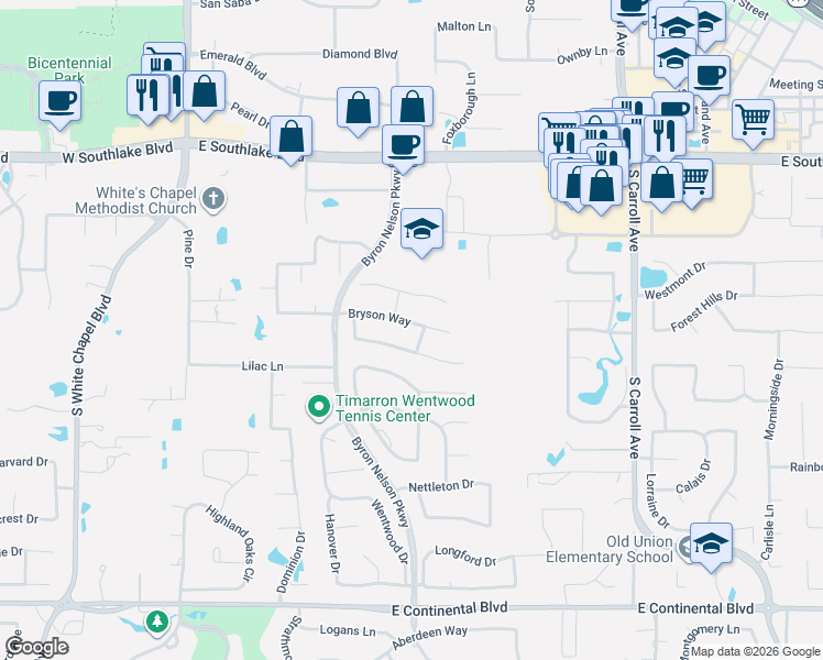 map of restaurants, bars, coffee shops, grocery stores, and more near 712 Bryson Way in Southlake