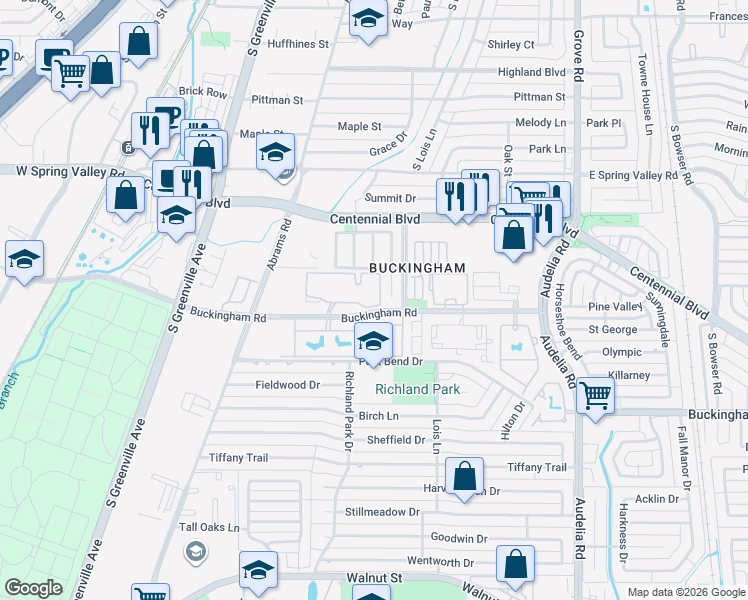 map of restaurants, bars, coffee shops, grocery stores, and more near 425 Buckingham Road in Richardson