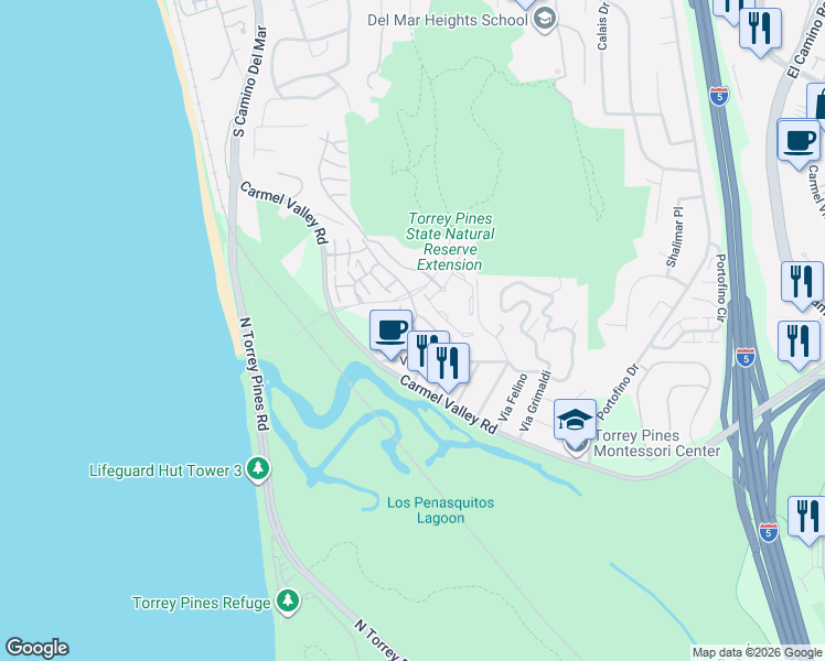 map of restaurants, bars, coffee shops, grocery stores, and more near 2271 Del Mar Scenic Parkway in Del Mar