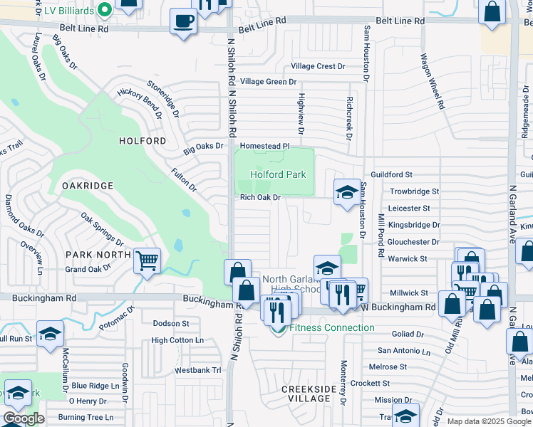 map of restaurants, bars, coffee shops, grocery stores, and more near 2401 Emerson Drive in Garland
