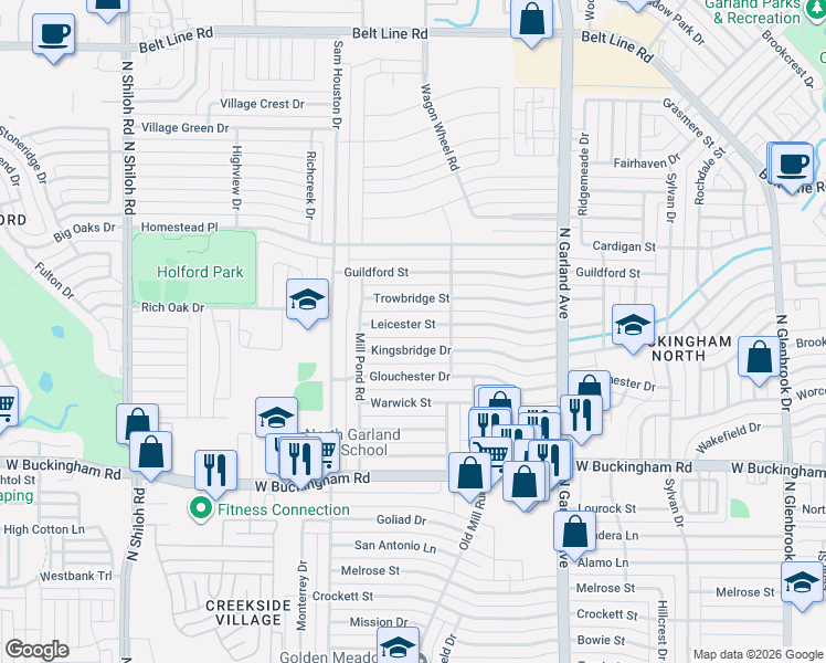 map of restaurants, bars, coffee shops, grocery stores, and more near 1726 Leicester Street in Garland