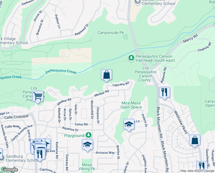 map of restaurants, bars, coffee shops, grocery stores, and more near 8823 Capcano Road in San Diego