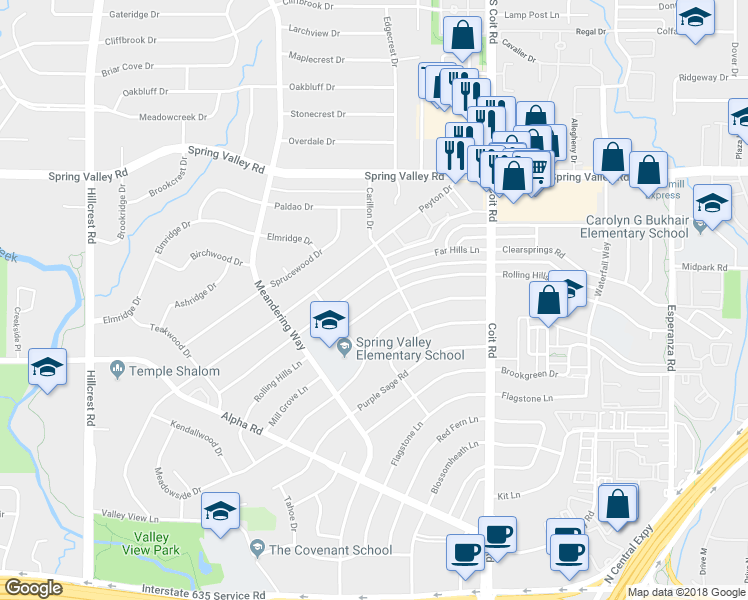 map of restaurants, bars, coffee shops, grocery stores, and more near 13637 Rolling Hills Lane in Dallas