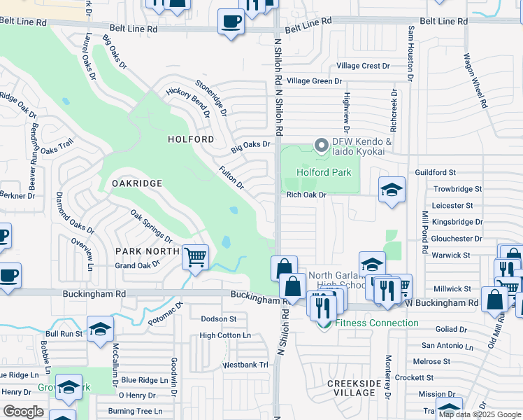 map of restaurants, bars, coffee shops, grocery stores, and more near 2213 Fulton Drive in Garland