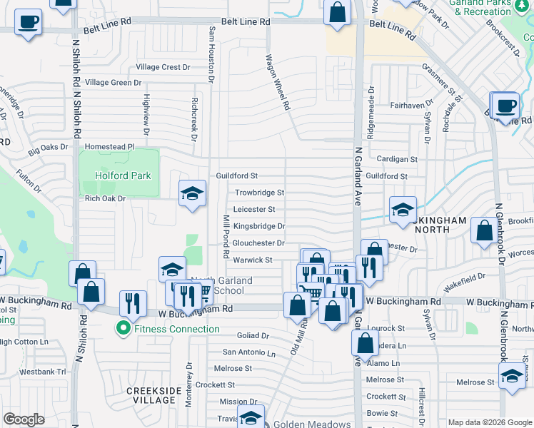 map of restaurants, bars, coffee shops, grocery stores, and more near 1726 Leicester Street in Garland