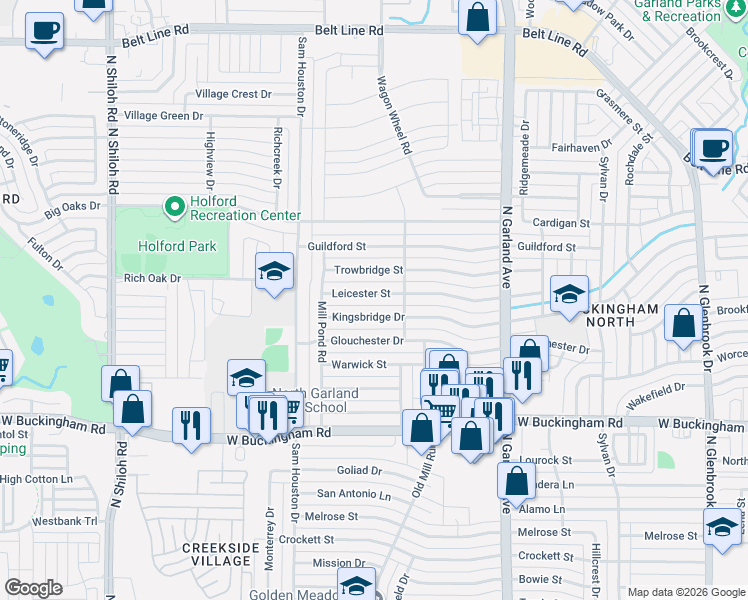 map of restaurants, bars, coffee shops, grocery stores, and more near 1726 Leicester Street in Garland