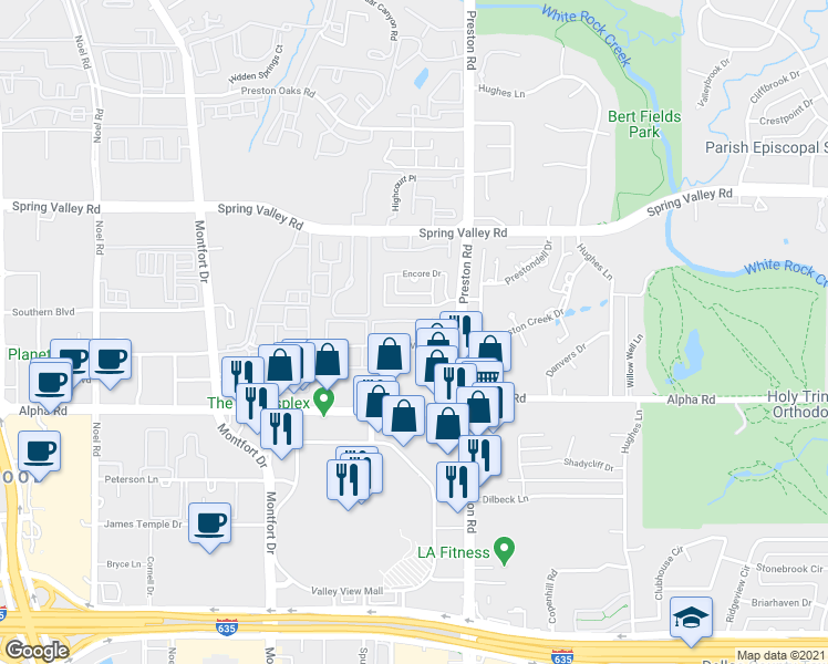 map of restaurants, bars, coffee shops, grocery stores, and more near 5881 Preston View Boulevard in Dallas