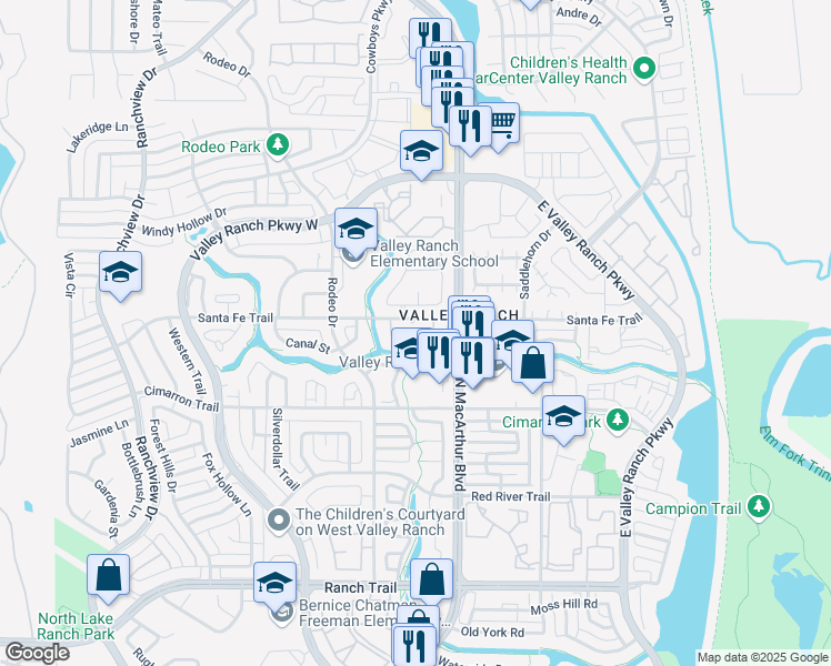 map of restaurants, bars, coffee shops, grocery stores, and more near 536 Santa Fe Trail in Irving