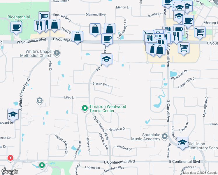 map of restaurants, bars, coffee shops, grocery stores, and more near 719 Bryson Way in Southlake