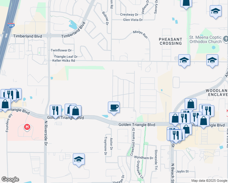 map of restaurants, bars, coffee shops, grocery stores, and more near 11040 Peninsula Lane in Fort Worth