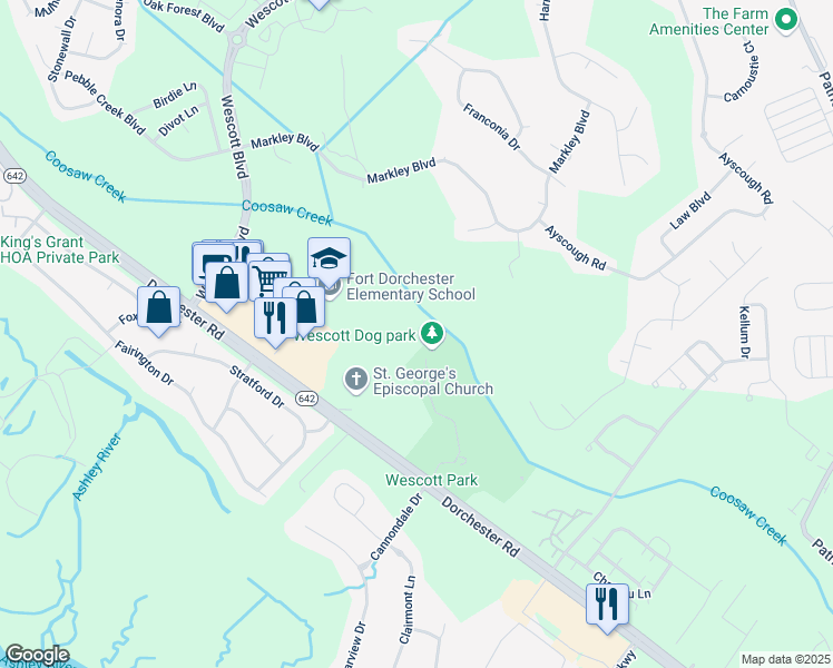 map of restaurants, bars, coffee shops, grocery stores, and more near Old Glory Lane in Summerville