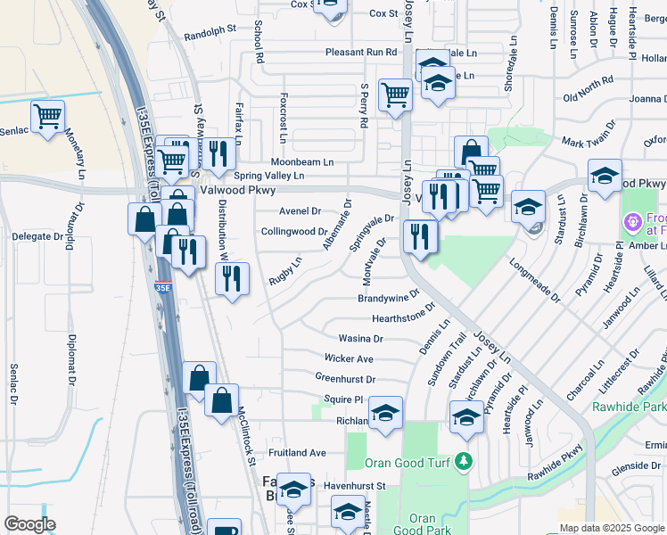 map of restaurants, bars, coffee shops, grocery stores, and more near 2589 Springvale Lane in Farmers Branch