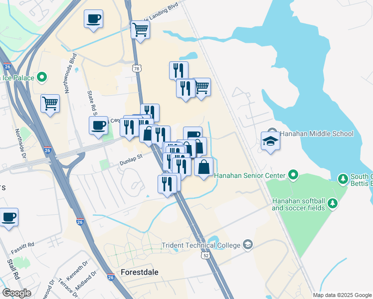 map of restaurants, bars, coffee shops, grocery stores, and more near 7250 Rivers Avenue in North Charleston