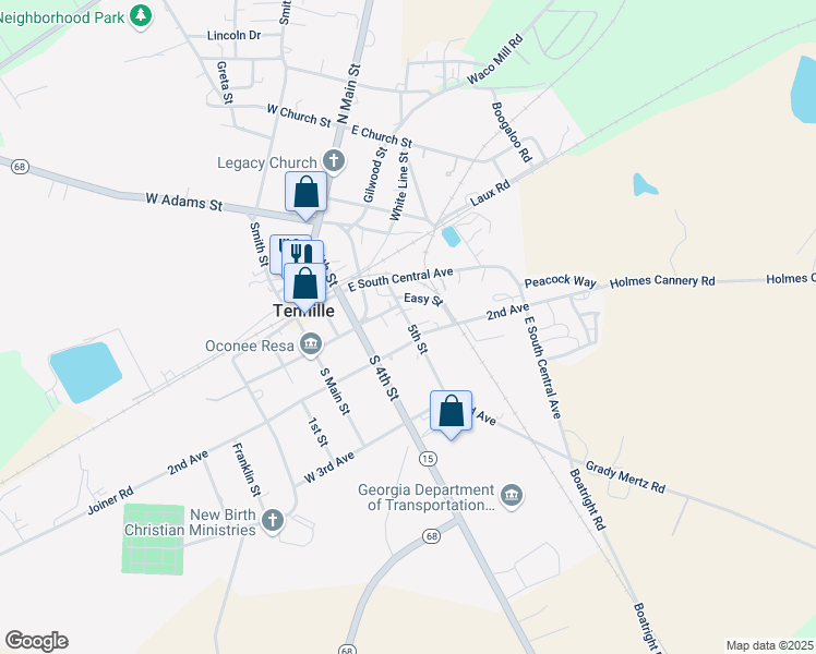 map of restaurants, bars, coffee shops, grocery stores, and more near 208 5th Street in Tennille