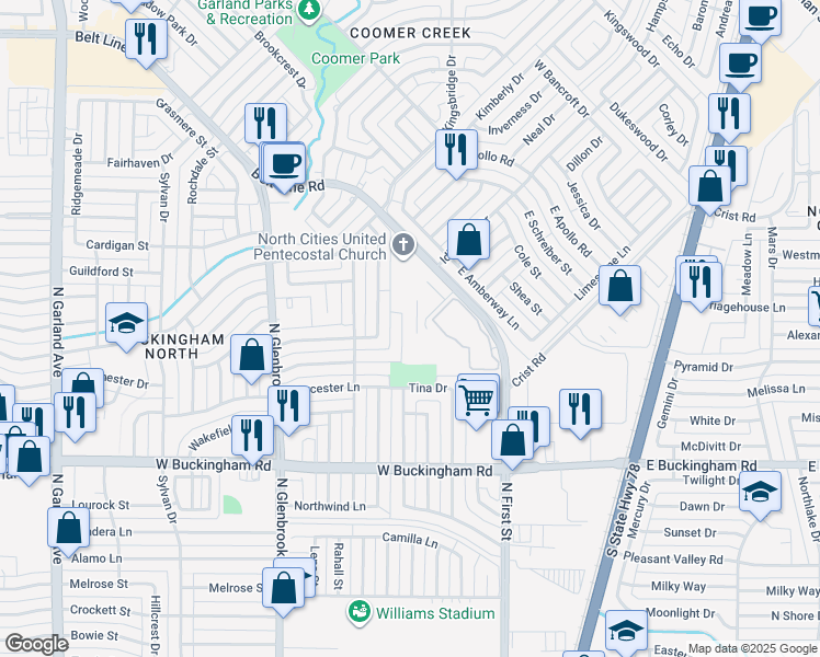 map of restaurants, bars, coffee shops, grocery stores, and more near 2306 Monarch Dr in Garland