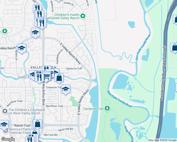map of restaurants, bars, coffee shops, grocery stores, and more near 9454 Valley Ranch Parkway East in Irving
