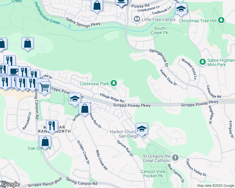 map of restaurants, bars, coffee shops, grocery stores, and more near 11466 Village Ridge Road in San Diego