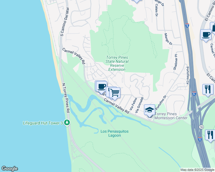 map of restaurants, bars, coffee shops, grocery stores, and more near 12933 Caminito Del Canto in Del Mar