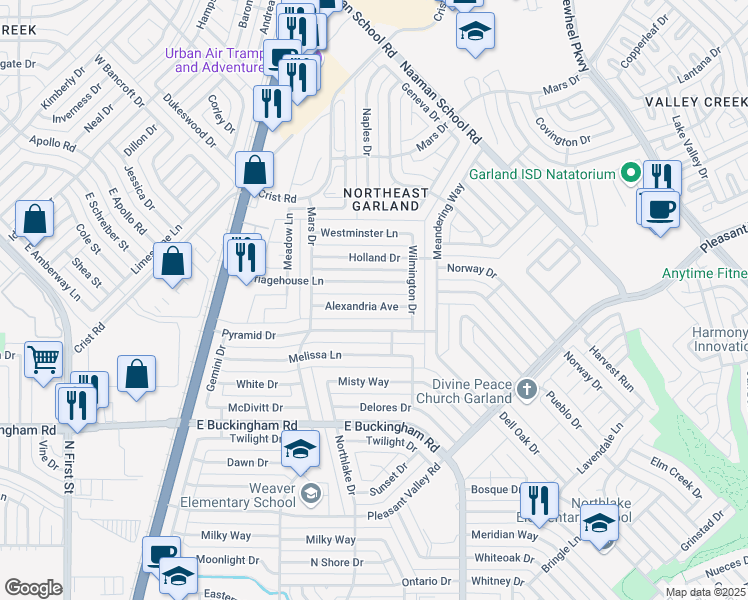 map of restaurants, bars, coffee shops, grocery stores, and more near 1109 Alexandria Avenue in Garland