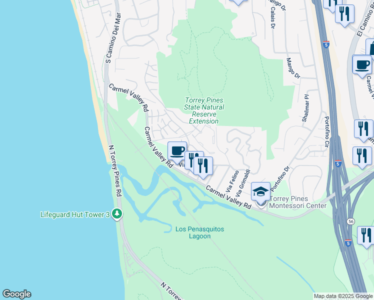 map of restaurants, bars, coffee shops, grocery stores, and more near 12933 Caminito Del Canto in Del Mar