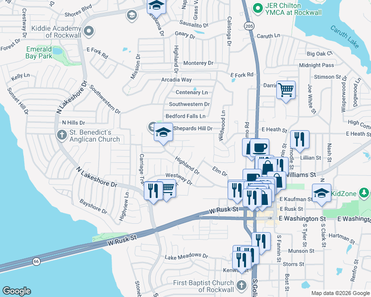 map of restaurants, bars, coffee shops, grocery stores, and more near 408 Coachlight Trail in Rockwall