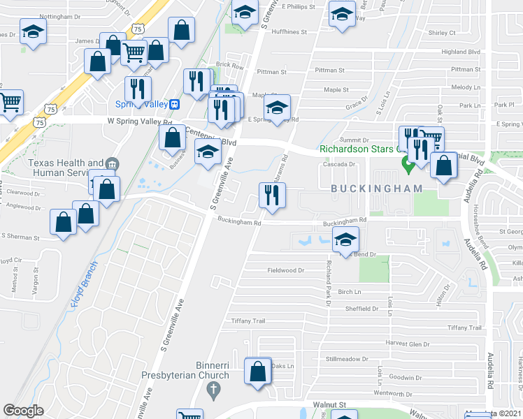 map of restaurants, bars, coffee shops, grocery stores, and more near 920 Abrams Road in Richardson