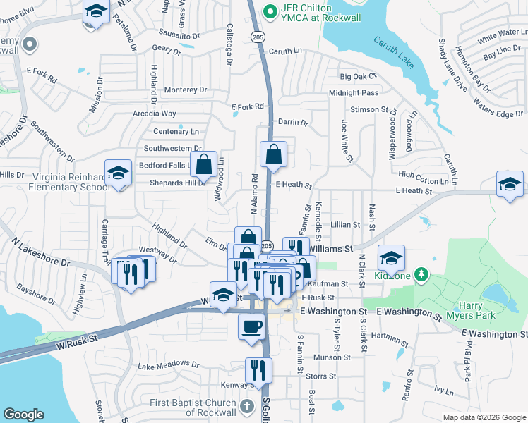 map of restaurants, bars, coffee shops, grocery stores, and more near 801 N Goliad St in Rockwall