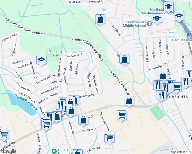 map of restaurants, bars, coffee shops, grocery stores, and more near 7642 Vanderbrook Place in North Charleston