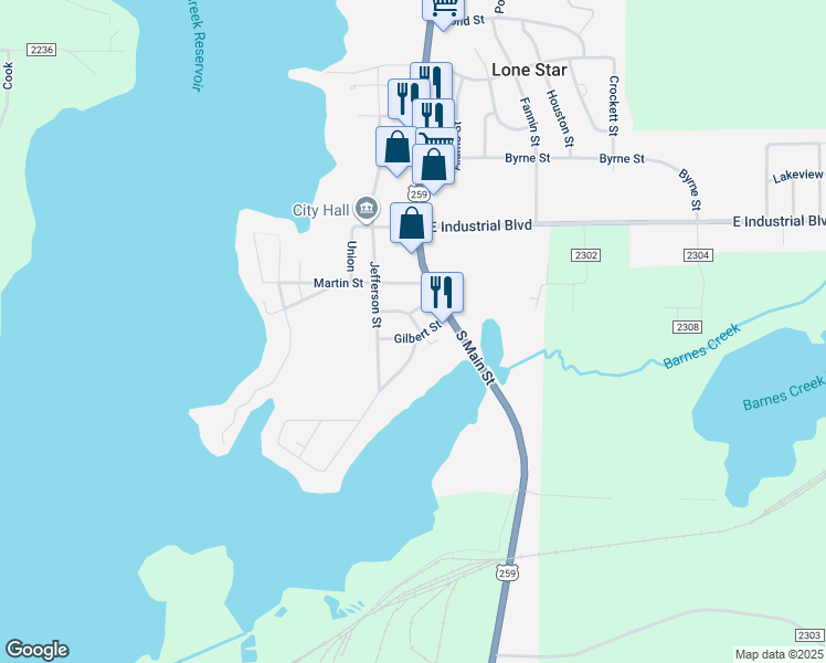 map of restaurants, bars, coffee shops, grocery stores, and more near 200 Gilbert Street in Lone Star