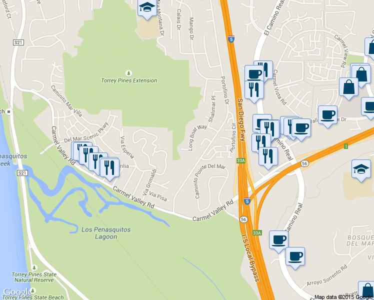 map of restaurants, bars, coffee shops, grocery stores, and more near 2651 Long Boat Cove in Del Mar