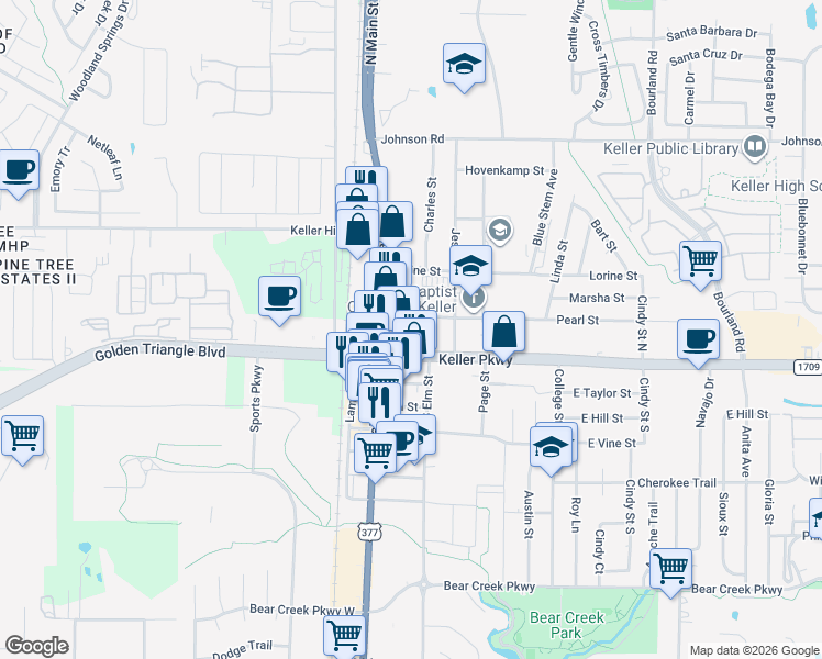 map of restaurants, bars, coffee shops, grocery stores, and more near 127 Minnie Street in Keller