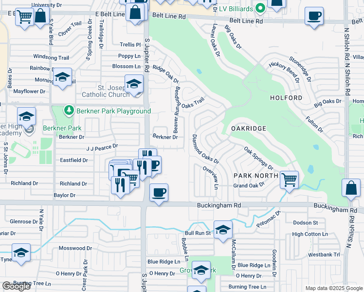 map of restaurants, bars, coffee shops, grocery stores, and more near 2301 Oakcrest Drive in Garland