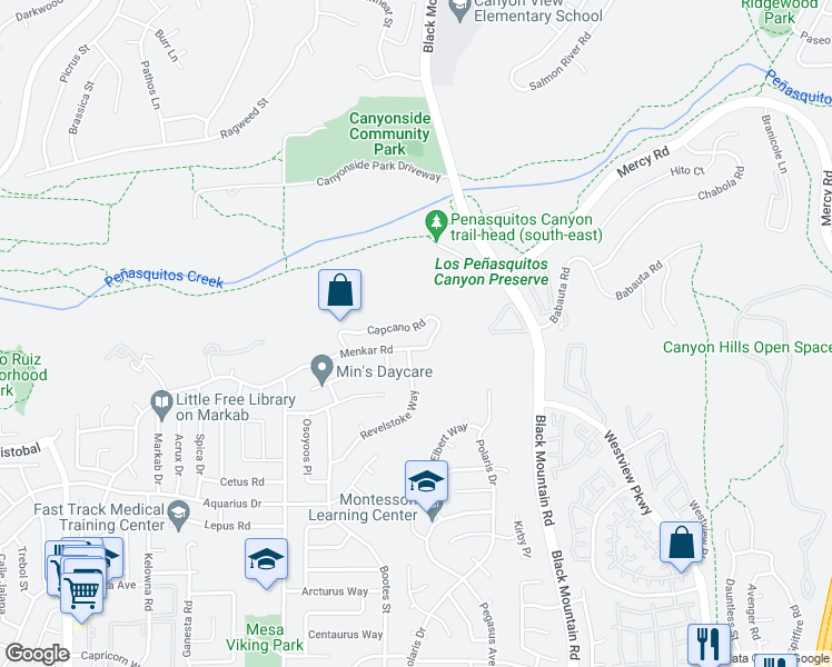 map of restaurants, bars, coffee shops, grocery stores, and more near 8963 Capcano Road in San Diego