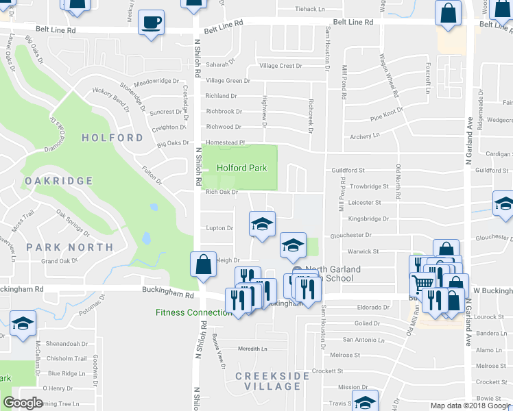 map of restaurants, bars, coffee shops, grocery stores, and more near 2324 Windy Drive in Garland