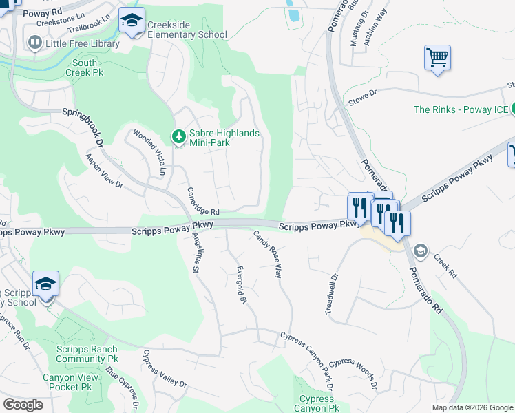 map of restaurants, bars, coffee shops, grocery stores, and more near 11801 Caneridge Road in San Diego