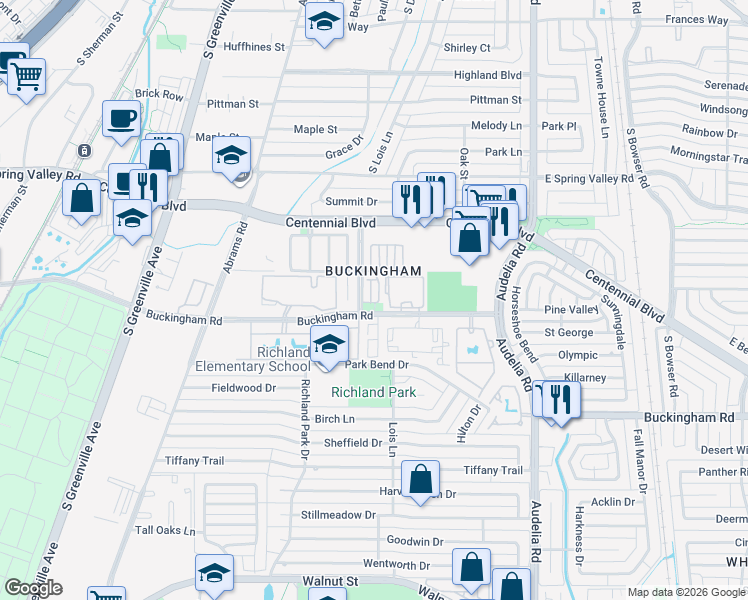 map of restaurants, bars, coffee shops, grocery stores, and more near 535 Buckingham Road in Richardson
