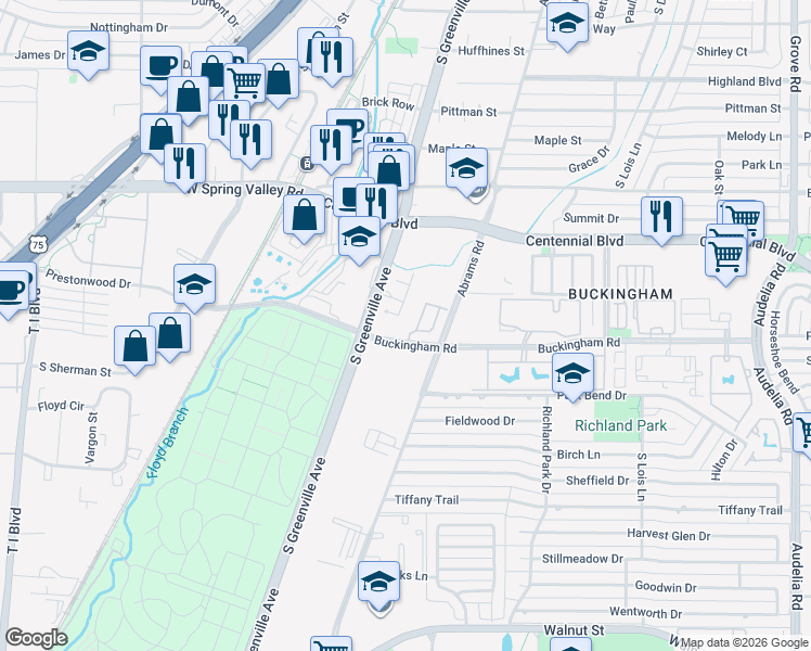 map of restaurants, bars, coffee shops, grocery stores, and more near 885 Cotswolds Court in Richardson