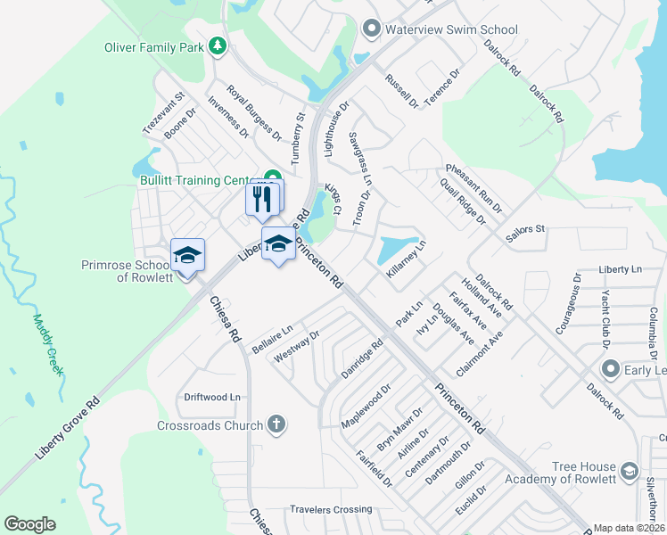 map of restaurants, bars, coffee shops, grocery stores, and more near 7618 Troon Drive in Rowlett
