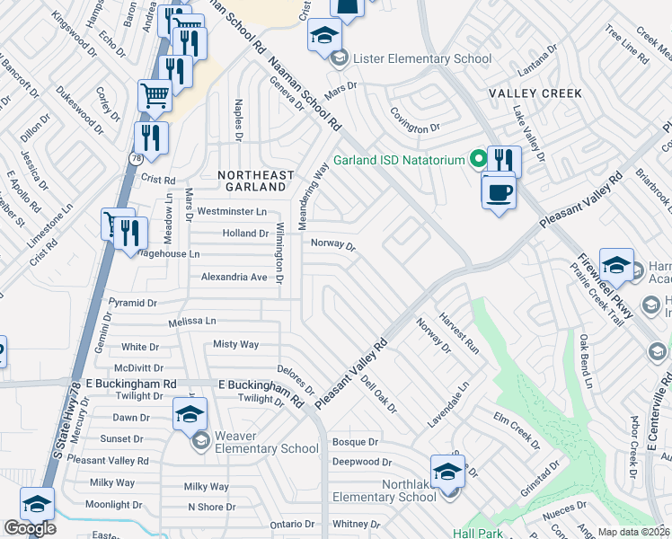 map of restaurants, bars, coffee shops, grocery stores, and more near 2509 Denmark Drive in Garland