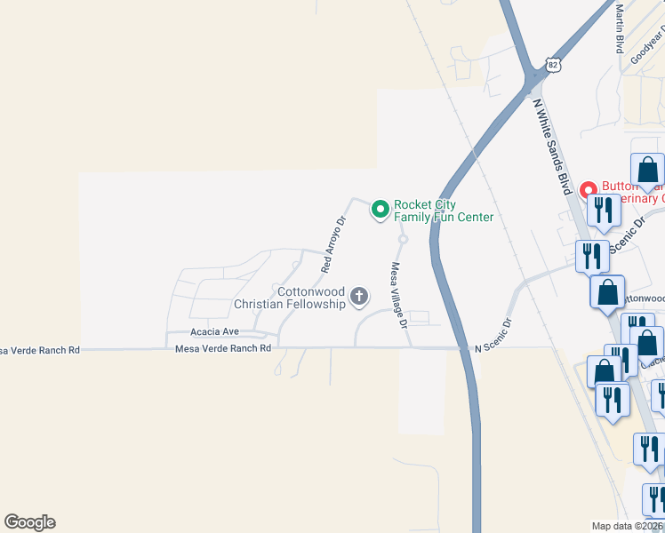map of restaurants, bars, coffee shops, grocery stores, and more near 3604 Red Arroyo Drive in Alamogordo