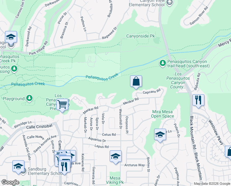 map of restaurants, bars, coffee shops, grocery stores, and more near 11598 Alkaid Drive in San Diego