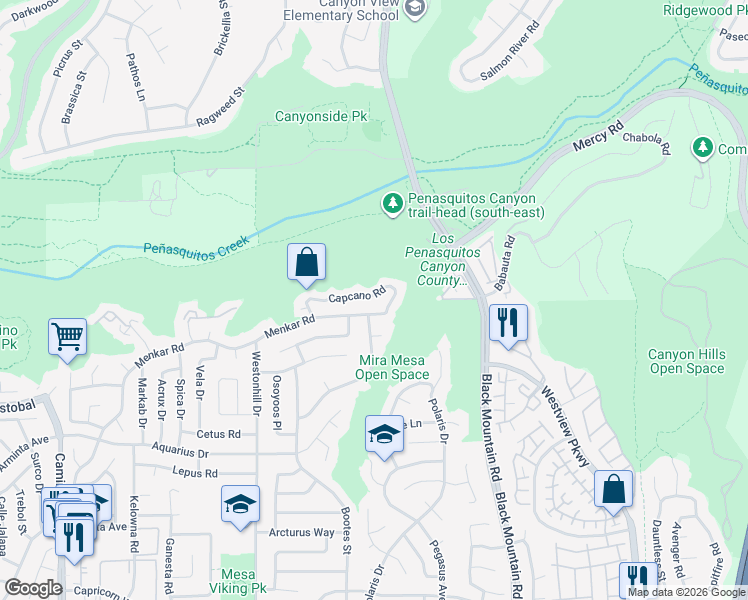 map of restaurants, bars, coffee shops, grocery stores, and more near 8963 Capcano Road in San Diego