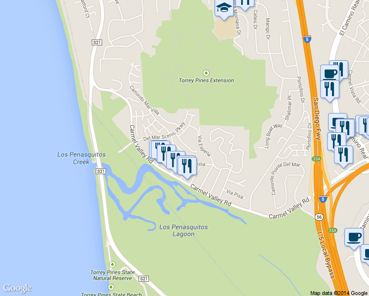 map of restaurants, bars, coffee shops, grocery stores, and more near 12894 Caminito De Las Olas in Del Mar