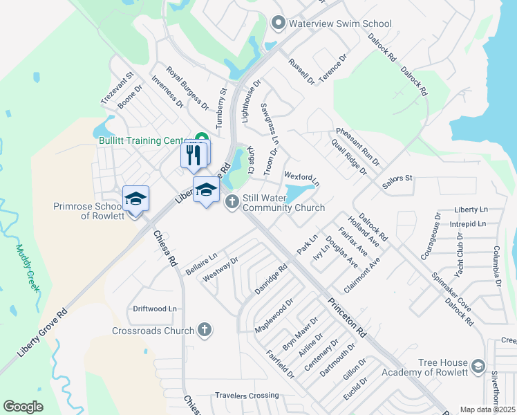 map of restaurants, bars, coffee shops, grocery stores, and more near 7718 Stonehaven Lane in Rowlett