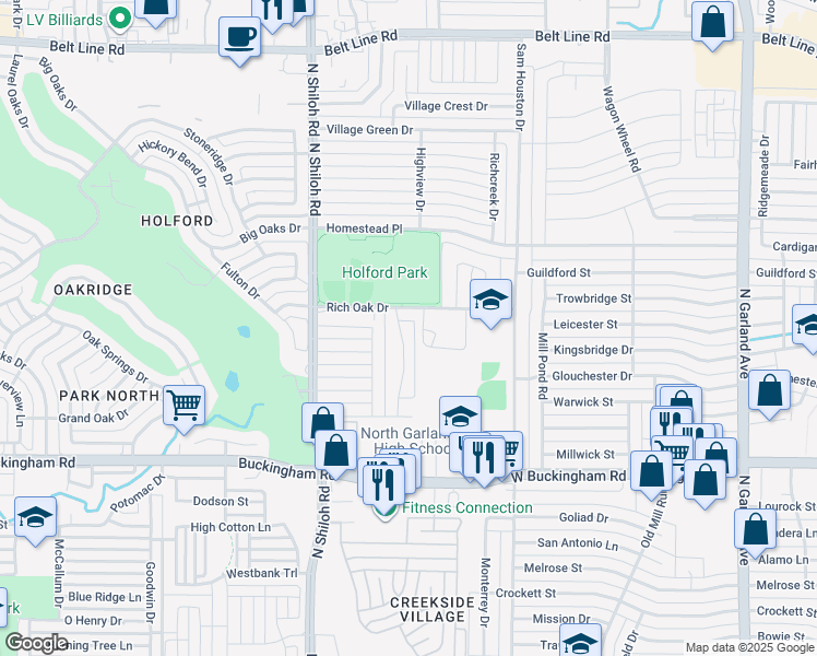 map of restaurants, bars, coffee shops, grocery stores, and more near 2324 Windy Drive in Garland