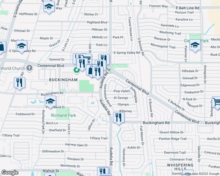 map of restaurants, bars, coffee shops, grocery stores, and more near 913 Horseshoe Bend in Richardson