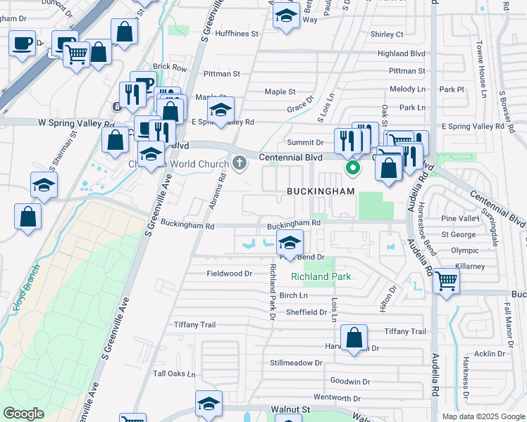 map of restaurants, bars, coffee shops, grocery stores, and more near 411 Buckingham Road in Richardson