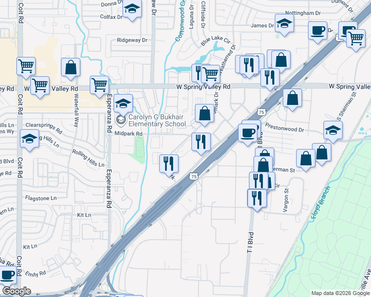 map of restaurants, bars, coffee shops, grocery stores, and more near 13636 Goldmark Drive in Dallas