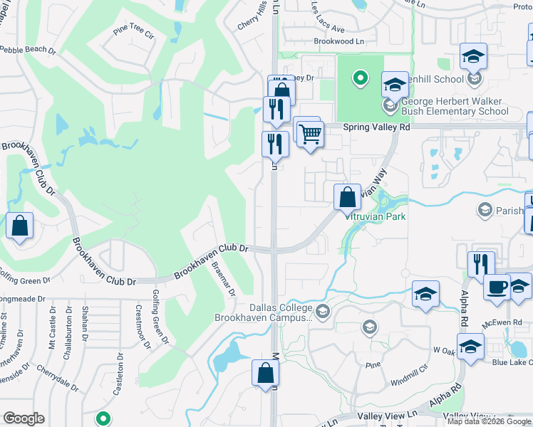 map of restaurants, bars, coffee shops, grocery stores, and more near 14030 Tanglewood Court in Farmers Branch